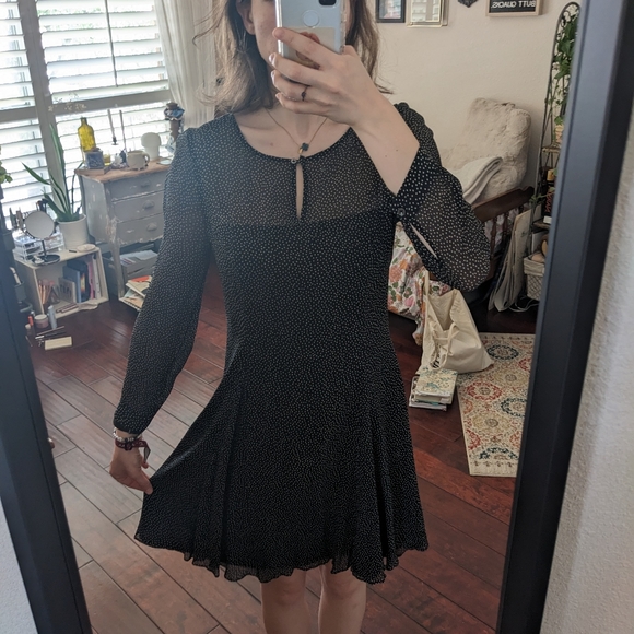 Silk J.Crew dress black with white polka dots, 3/4 sleeves, sheer details - Picture 2 of 4